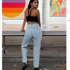 Los Angeles Apparel Straight Leg High Waisted Jean in Vintage Light Wash 27